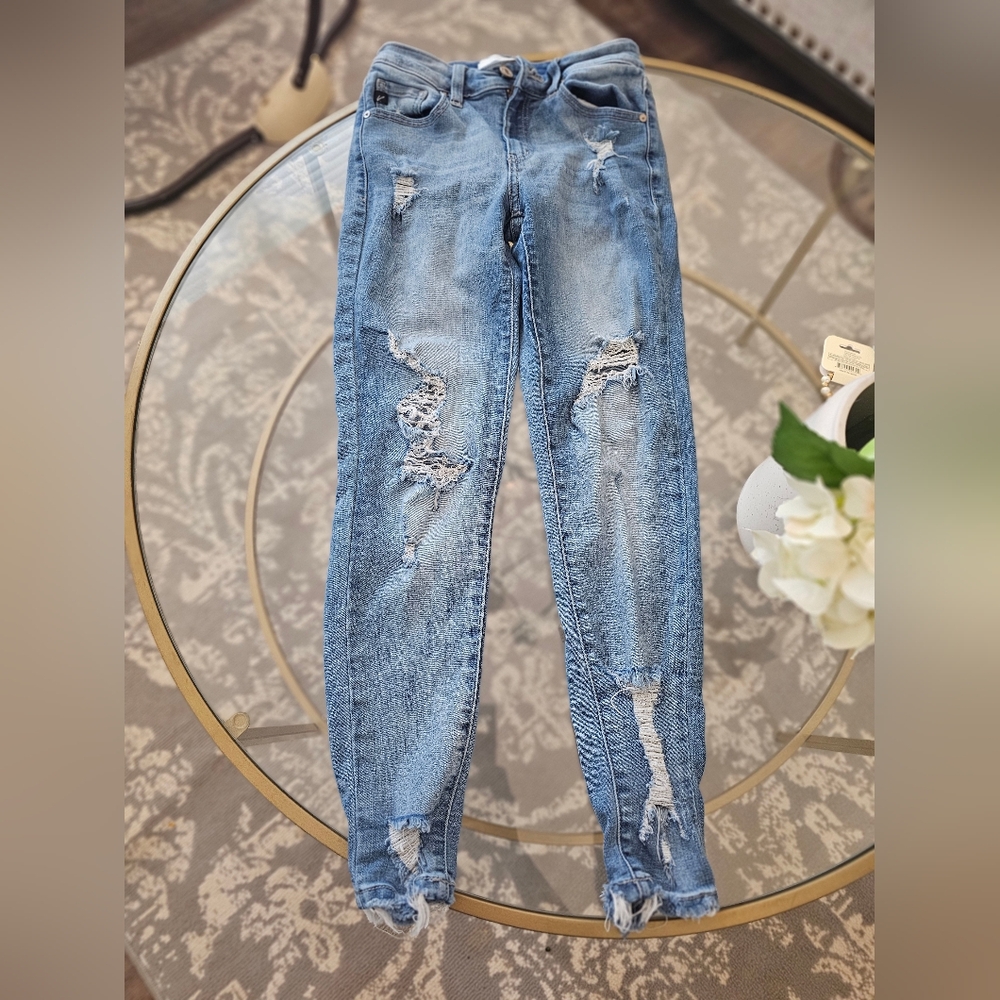 Kancan Jeans Womens Cassandra Mid Rise Super Skinny Jeans Distressed Ripped